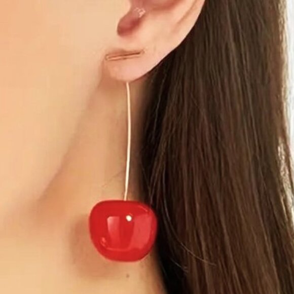 Earrings Cherry Red Drop Dangle 14K Gold Plated Ornament Bomb Sexy Glam Trendy - Picture 2 of 6
